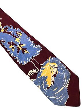 Vtg Regal Cravat Red Blue Yellow Tree Leaves Water Necktie Jacquard Tie Necktie